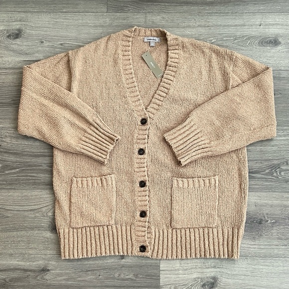 J.CREW Marina V-Neck Cardigan Sweater Large Oversized Pebble Shore Tan Neutral - Picture 3 of 10
